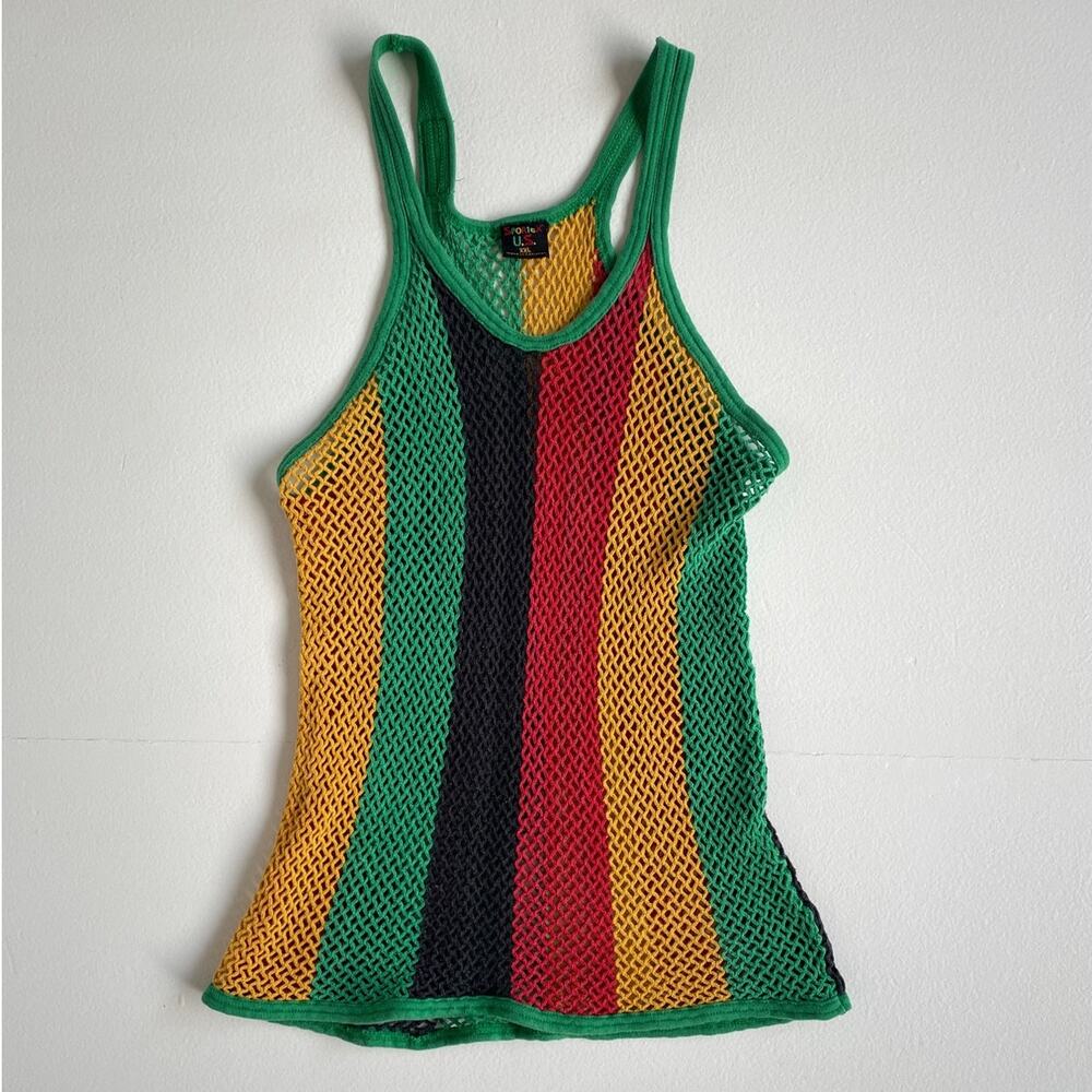 Vtg 90s Cotton Striped Fishnet Mesh Tank Top XXL / Sportex U.S. Reggae Jamaica